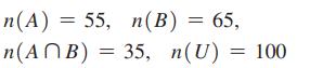 n(A) = 55, n(B) = 65, n(ANB) = 35, n(U) = 100