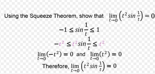 Using the Squeeze Theorem, show that lim (t sin ) = 0 1 1 sin=1 t 1 -t tsin=t lim (-) = 0 and lim (t) = 0