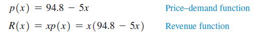 p(x) 94.8  5x R(x) = xp(x) = x(94.8 - 5x)  = Price-demand function Revenue function