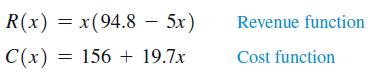 R(x) = x(94.8 - 5x) C(x) = 156 + 19.7x Revenue function Cost function