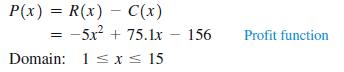 P(x) = R(x) C(x) -5x + 75.1x - 156 Domain: 1  x  15 Profit function