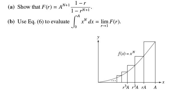 1-r 1-rN+1 A x dx = lim F(r). (a) Show that F(r) = AN+. (b) Use Eq. (6) to evaluate f(x)=xN Lan rA A rA A -X