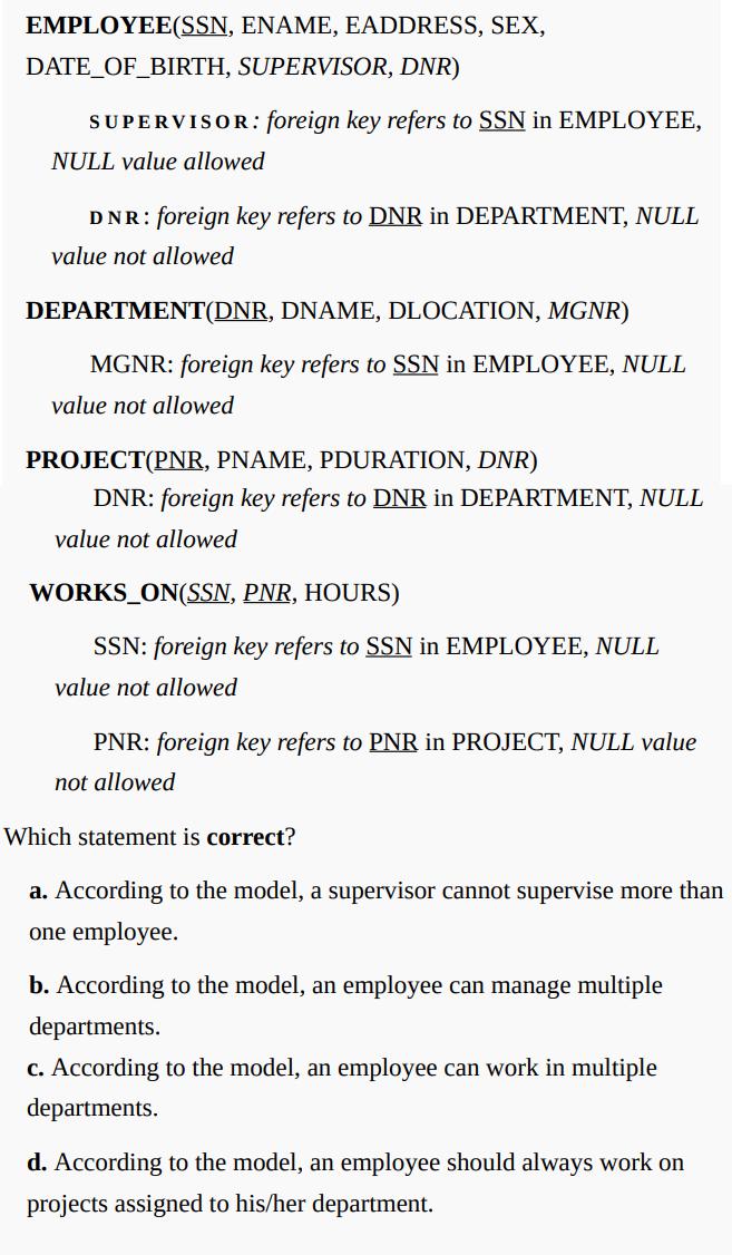 EMPLOYEE(SSN, ENAME, EADDRESS, SEX, DATE OF BIRTH, SUPERVISOR, DNR) SUPERVISOR: foreign key refers to SSN in