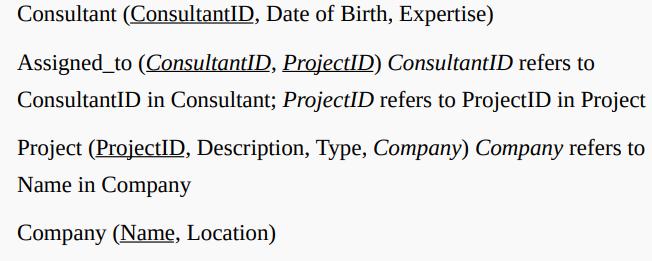 Consultant (ConsultantID, Date of Birth, Expertise) Assigned to (ConsultantID, ProjectID) ConsultantID refers