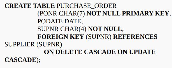 CREATE TABLE PURCHASE_ORDER (PONR CHAR(7) NOT NULL PRIMARY KEY, PODATE DATE, SUPNR CHAR(4) NOT NULL, FOREIGN