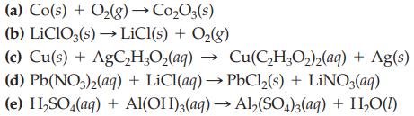 (a) Co(s) + O(g)  CoO3(s) (b) LiClO3(s)  LiCl(s) + O(g) (c) Cu(s) + AgCHO(aq)  Cu(CHO)2(aq) + Ag(s) (d)