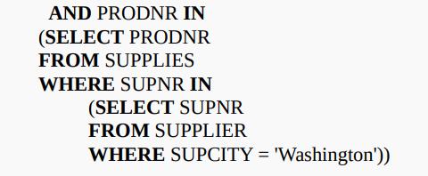 AND PRODNR IN (SELECT PRODNR FROM SUPPLIES WHERE SUPNR IN (SELECT SUPNR FROM SUPPLIER WHERE SUPCITY =