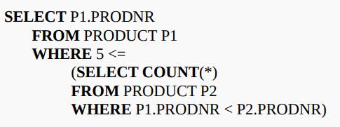 SELECT P1.PRODNR FROM PRODUCT P1 WHERE 5