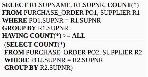 SELECT R1.SUPNAME, R1.SUPNR, COUNT(*) FROM PURCHASE_ORDER PO1, SUPPLIER R1 WHERE PO1.SUPNR = R1.SUPNR GROUP