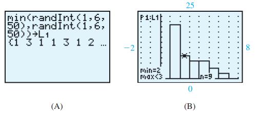 min(randInt (1,6, 50),randInt(1,6, 50))+L1 (1 3 1 1 3 1 (A) 1 2 ... P1:L1 min=2 Max <3 25 (B)