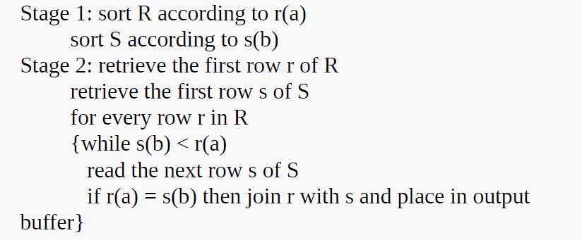 Stage 1: sort R according to r(a) sort S according to s(b) Stage 2: retrieve the first row r of R retrieve