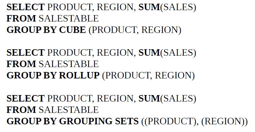 SELECT PRODUCT, REGION, SUM(SALES) FROM SALESTABLE GROUP BY CUBE (PRODUCT, REGION) SELECT PRODUCT, REGION,