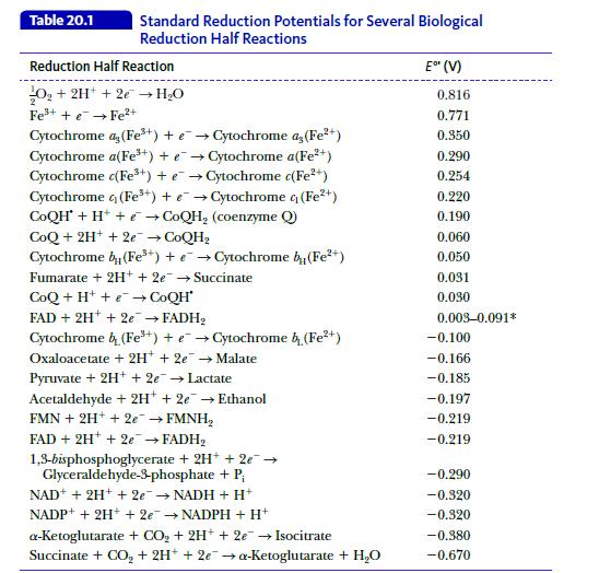 Table 20.1 Standard Reduction Potentials for Several Biological Reduction Half Reactions Reduction Half