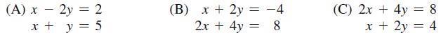 (A) x 2y = 2 x + y = 5 (B) x + 2y = -4 2x + 4y = 8 (C) 2x + 4y = 8 x + 2y = 4