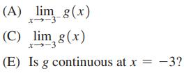 (A) lim_g(x) (C) lim g(x) x--3 (E) Is g continuous at x = -3?
