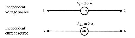 Independent voltage source Independent current source 1 3. V = 30 V + /bias = 2 A N