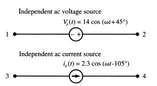 1 3 Independent ac voltage source V, (t)=14 cos (@t+45) Independent ac current source i, (t) = 2.3 cos