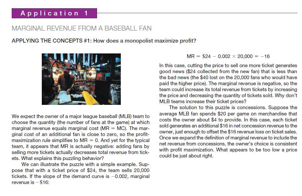 Application 1 MARGINAL REVENUE FROM A BASEBALL FAN APPLYING THE CONCEPTS #1: How does a monopolist maximize