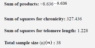 Sum of products: -8.636-8.636 Sum of squares for chronicity: 327.436 Sum of squares for telomere length: