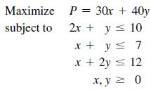 Maximize subject to P = 30x + 40y 2x + y  10 x + y  7 x + 2y = 12 x, y = 0
