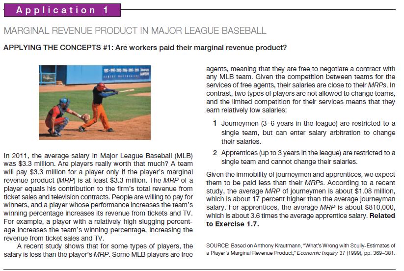 Application 1 MARGINAL REVENUE PRODUCT IN MAJOR LEAGUE BASEBALL APPLYING THE CONCEPTS #1: Are workers paid