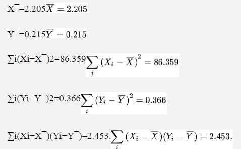 X =2.205X = 2.205 Y =0.215Y = 0.215 i(Xi-x^)2=86.359 (x  x) = 86.359 i(Yi-Y )2=0.366 ( - Y) = 0.366 Vi(Xi-X