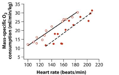 Mass-specific O2 consumption (ml/min/kg) 35 30 25 20 15 10 5- 100 120 140 160 180 200 220 Heart rate