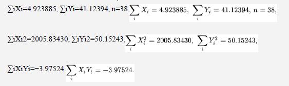 ViXi=4.923885, iYi=41.12394, n=38,5 x = 4.923885,  = 41.12394, n = 38, ViXi2=2005.83430, iYi2=50.15243, x =