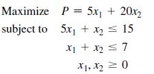 Maximize subject to P= 5x + 20x 5x + x = 15 x + x = 7 x1, x = 0 x2