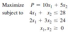Maximize subject to P = 10x + 5x 4x + x = 28 2x + 3x = 24 X1, X = 0