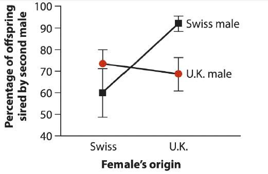 Percentage of offspring sired by second male 100 90 80 70 60- 50 40 T Swiss male Swiss U.K. male U.K.