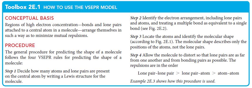 Toolbox 2E.1 HOW TO USE THE VSEPR MODEL CONCEPTUAL BASIS Regions of high electron concentration-bonds and