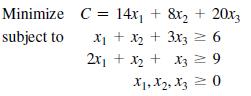 Minimize subject to C 14x + 8x + 20x3 x + x + 3x3 = 6 2x + x + x3  9 X, X, X3 = 0 =