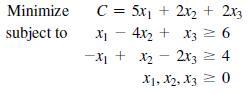 Minimize subject to C = 5x + 2x + 2x3 x4x + x3 = 6 -x + x2x3 = 4 X1, X2, X30