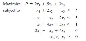 Maximize P = 2x + 5x + 3x3 subject to x + 2x - X3 = 7 - -x1 + x 2x3 = -5 x + 4x + 3x3  1 2x1 x + 4x3 6 X1, X,