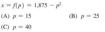 x = f(p) = 1,875 - p (A) p = 15 (C) p = 40 (B) p = 25