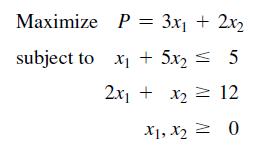Maximize subject to P = 3x + 2x x + 5x = < 5 2x + x = 12 X1, X = 0 X2