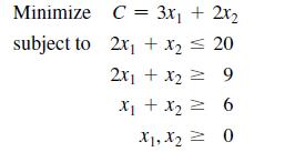 Minimize subject to C = 3x + 2x 2x + x = 20 2x1 + x = 9 X + X = 6 X1, X2 = 0