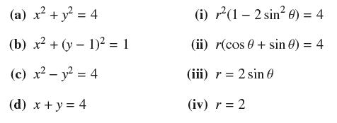 (a) x + y = 4 (b) x + (y- 1) = 1 (c) x - y = 4 (d) x + y = 4 (i) r(1-2 sin0) = 4 (ii) r(cos + sin 8) = 4