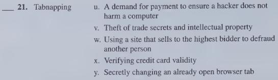 21. Tabnapping u. A demand for payment to ensure a hacker does not harm a computer v. Theft of trade secrets