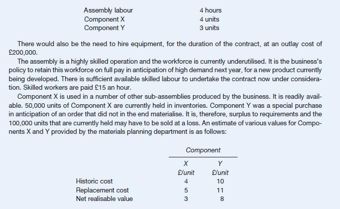 Assembly labour Component X Component Y There would also be the need to hire equipment, for the duration of