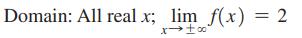 Domain: All real x; lim f(x) = 2 x