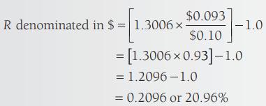 $0.093 $0.10 R denominated in $ = 1.3006 x- -1.0 = [1.30060.93] -1.0 = 1.2096-1.0 = 0.2096 or 20.96%