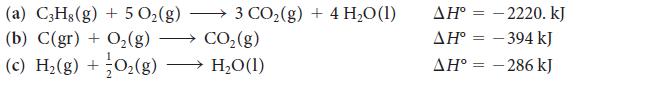 (a) C3H8(g) + 5 O(g)  3 CO(g) + 4 H0 (1) (b) C(gr) +O(g)  CO (g) HO (1) (c) H(g) + O(g) AH-2220. kJ AH -394