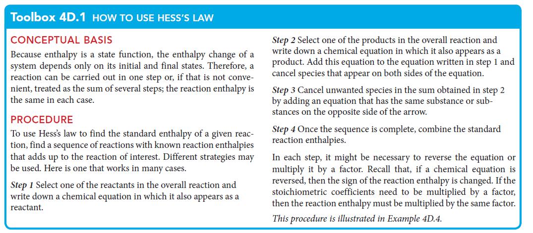 Toolbox 4D.1 HOW TO USE HESS'S LAW CONCEPTUAL BASIS Because enthalpy is a state function, the enthalpy change