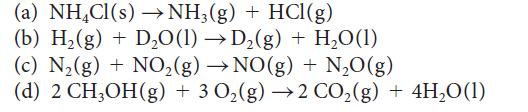 (a) NHCl(s) NH(g) + HCl(g) (b) H(g) + DO(1)D(g) + HO(1) (c) N(g) + NO(g)NO(g) + NO(g) (d) 2 CHOH(g) + 3 O(g)