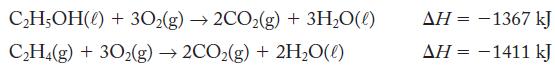 CH5OH() + 302(g) 2CO(g) + 3HO(0) CH4(g) + 3O2(g)  2CO(g) + 2HO(l)  = -1367 kJ AH = -1411 kJ