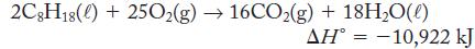 2C8H18 () + 25O(g)  16CO2(g) + 18HO(l) AH = -10,922 kJ