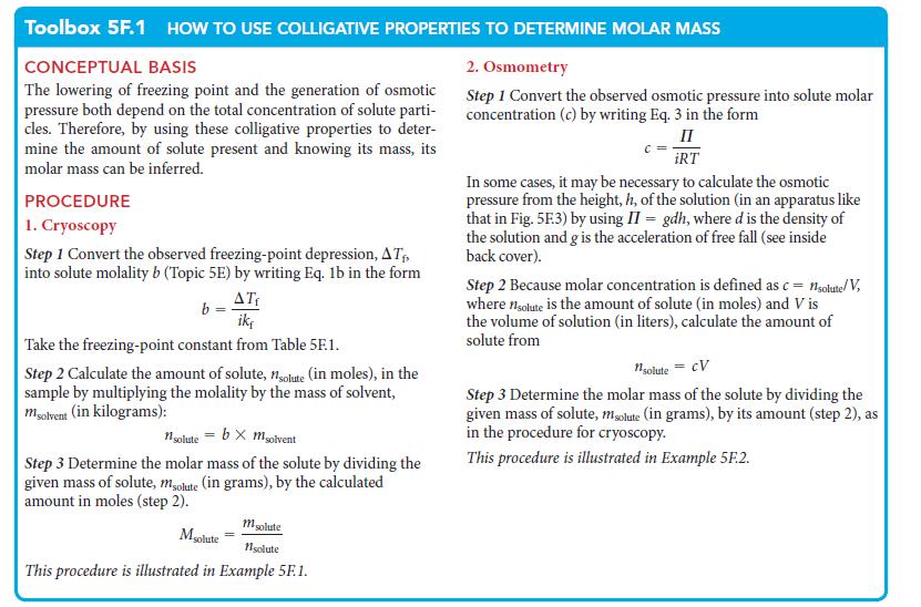 Toolbox 5F.1 HOW TO USE COLLIGATIVE PROPERTIES TO DETERMINE MOLAR MASS CONCEPTUAL BASIS The lowering of