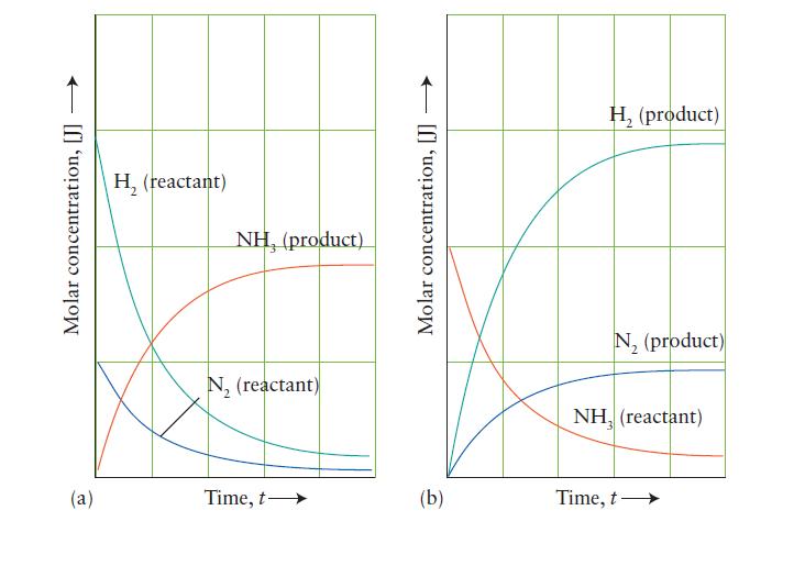 Molar concentration, [J] (a) H, (reactant) NH, (product) N (reactant) Time, t Molar concentration, [J] (b) H